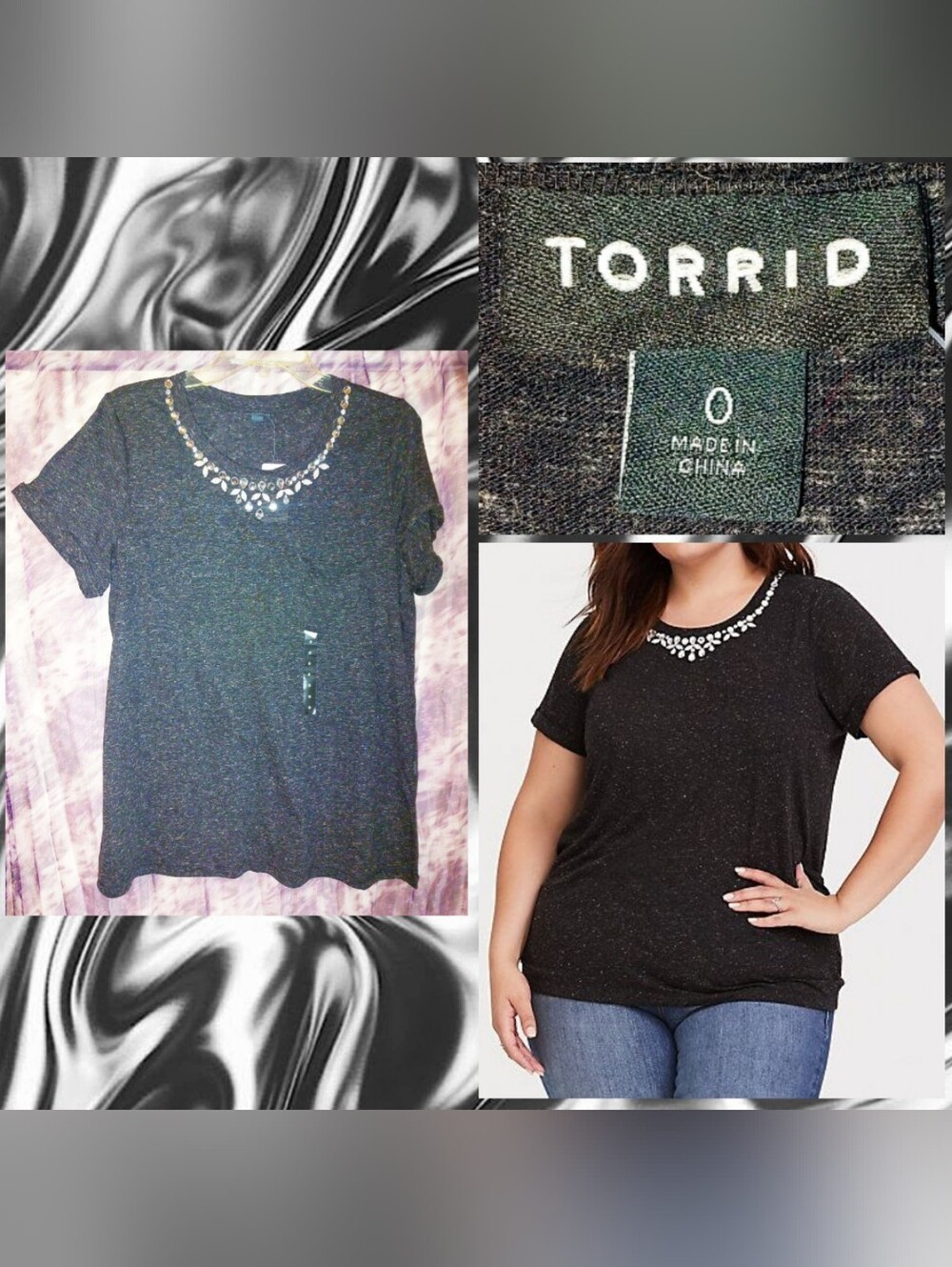 Torrid brand Charcoal Heather Rhinestone Embellished Classic Fit Tee Sz 0|Lrg|12